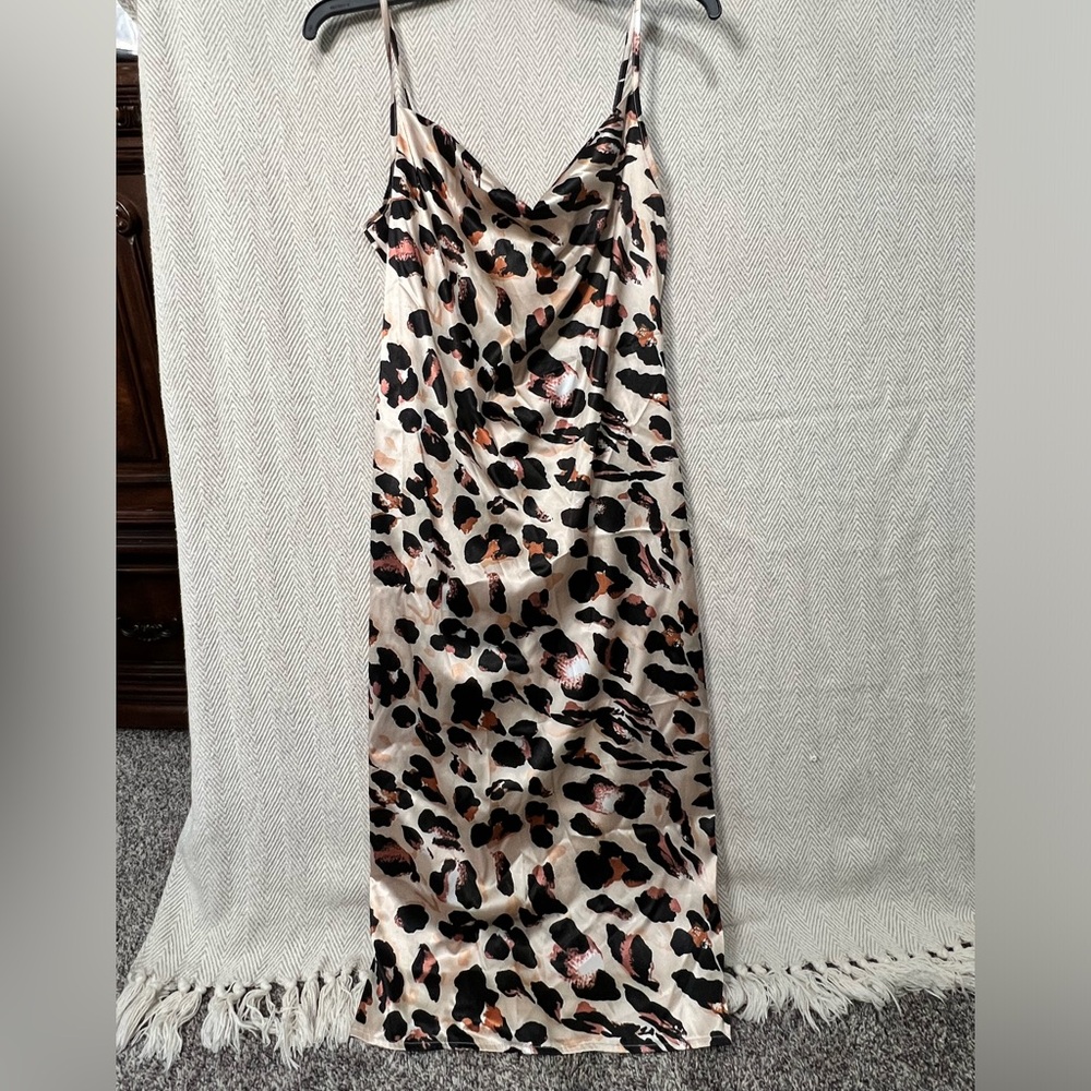 Cheetah Leopard Silk Slip Midi Dress
